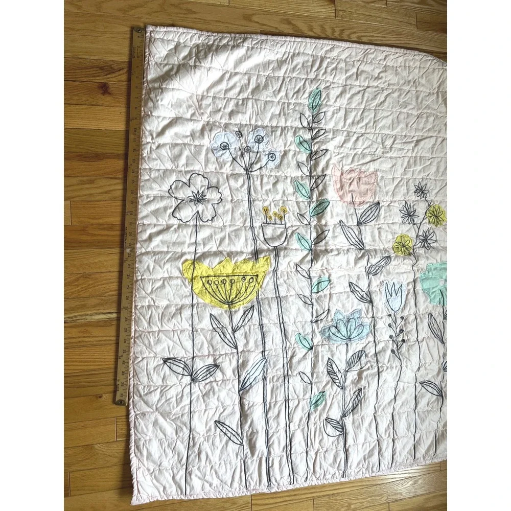 Crate & Kids Pink Floral Embroidered Cotton Baby Quilt Blanket 35x44 Garden